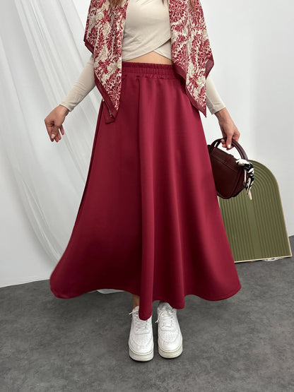 Bordo Beli Lastikli Scuba Kumaş Kloş Etek