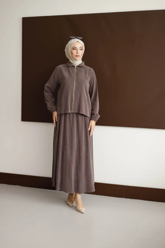 Organik Kumaş Etekli Takım - Kahverengi