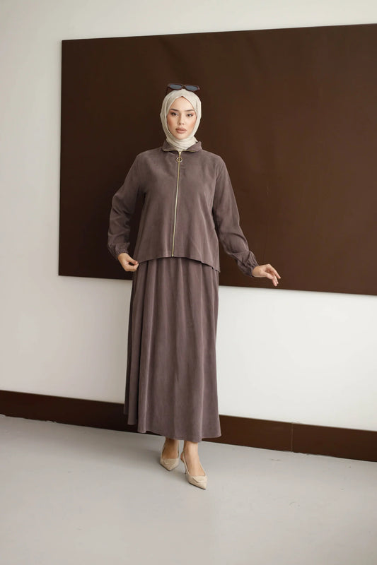 Organik Kumaş Etekli Takım - Kahverengi