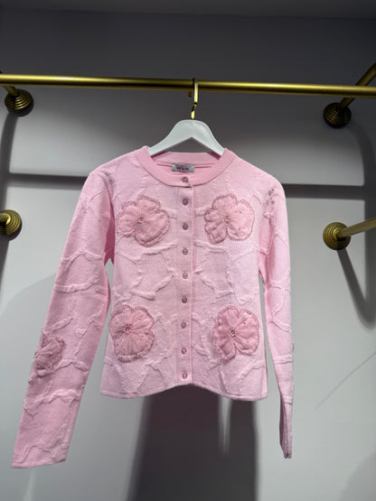 Pembe Çiçek İşlemeli Triko Hırka