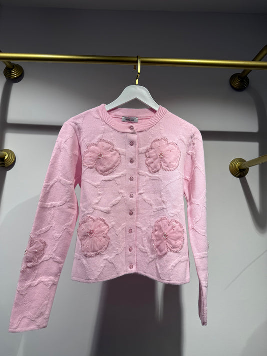 Pembe Çiçek İşlemeli Triko Hırka