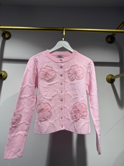 Pembe Çiçek İşlemeli Triko Hırka