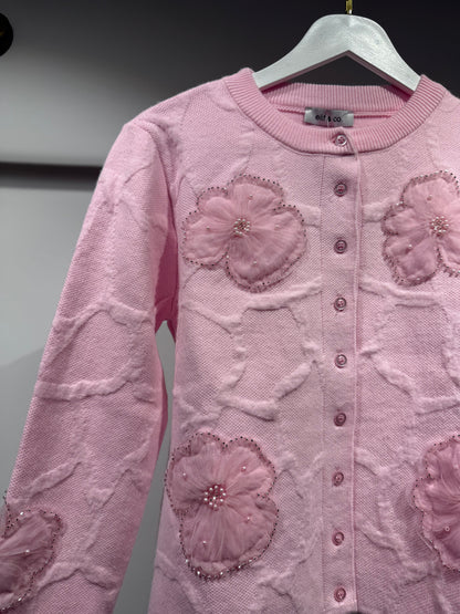 Pembe Çiçek İşlemeli Triko Hırka