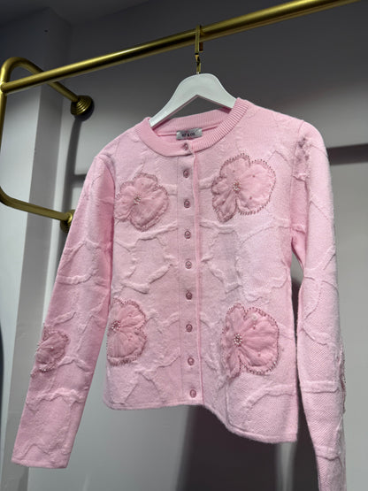 Pembe Çiçek İşlemeli Triko Hırka