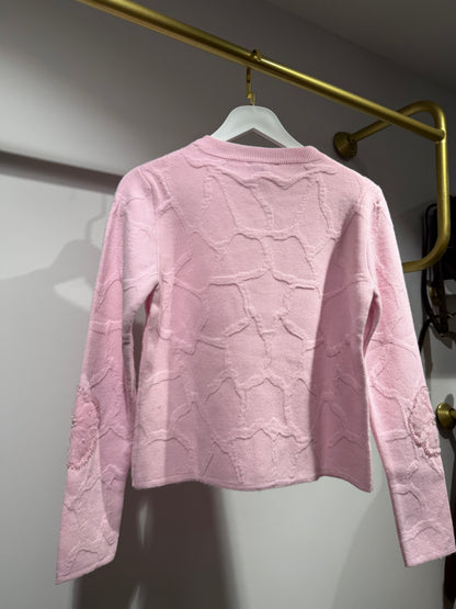 Pembe Çiçek İşlemeli Triko Hırka