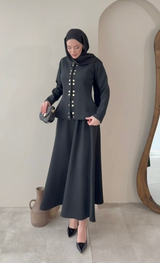 Siyah Çıtçıt Düğmeli Etekli Scuba Takım