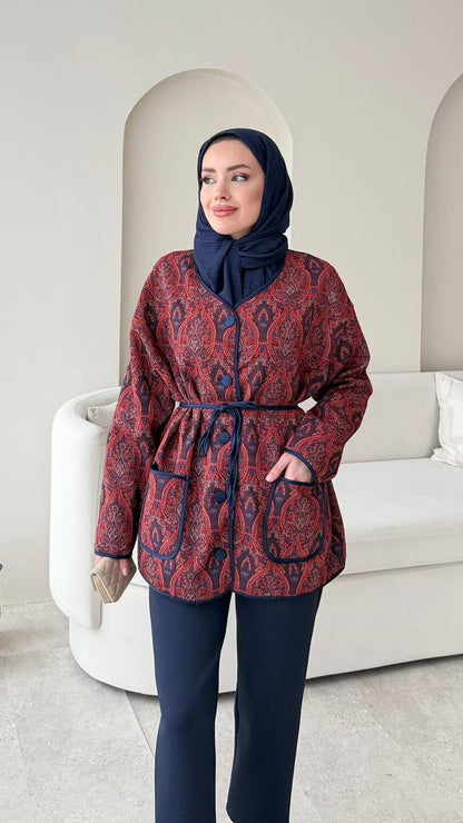 Bordo Etnik Desen Astarlı Ceket