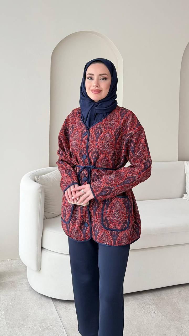 Bordo Etnik Desen Astarlı Ceket