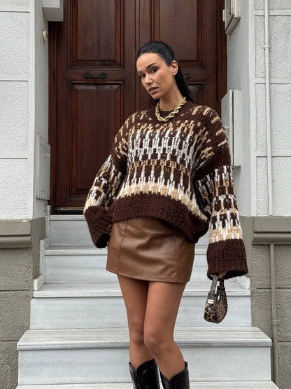 Kahverengi Desenli Oversize Triko Kazak