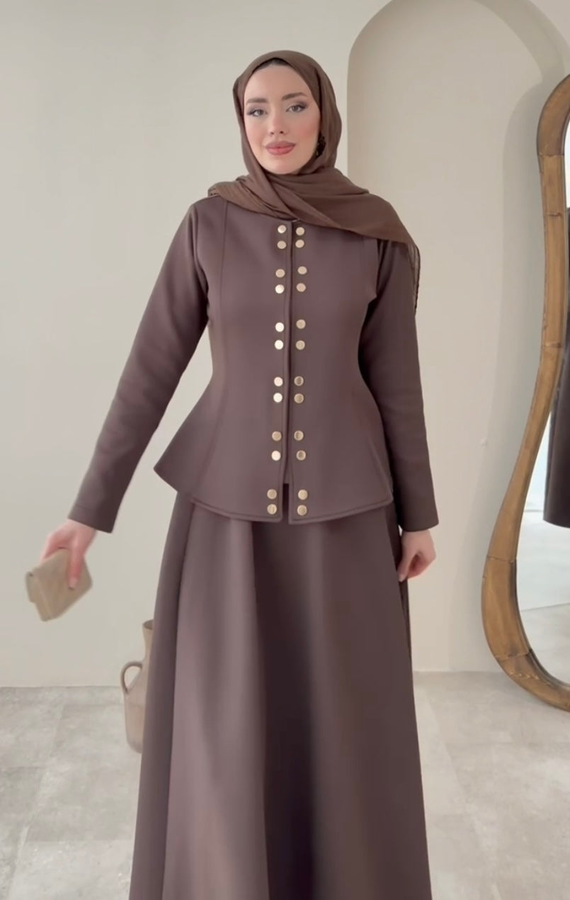 Kahverengi Çıtçıt Düğmeli Etekli Scuba Takım