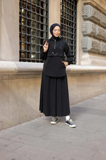 Siyah Tensel Kapüşonlu Etekli Takım