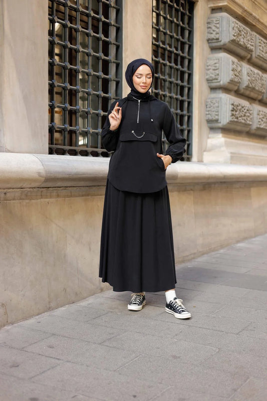 Siyah Tensel Kapüşonlu Etekli Takım