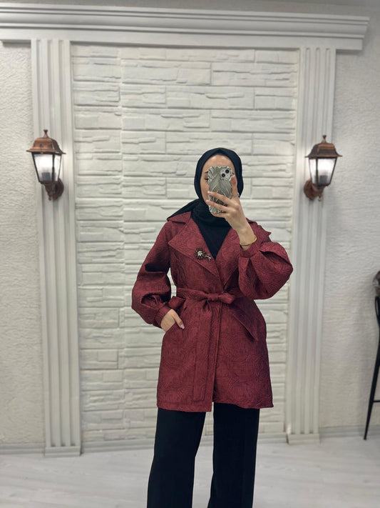 Desenli Kemerli Bordo Ceket