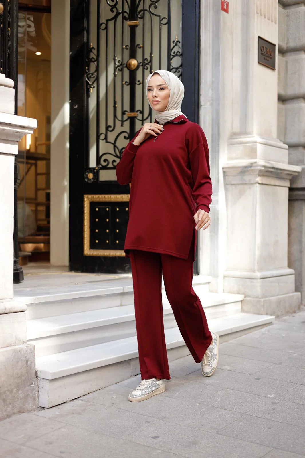 Yumuşak Dokulu Pantolonlu Takım - Bordo