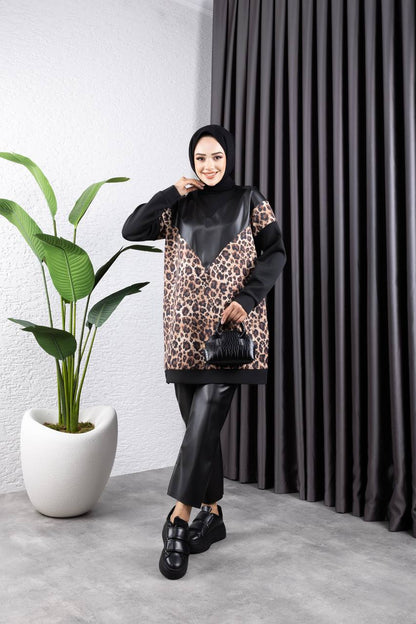 Deri Detaylı Leopar Sweatshirt