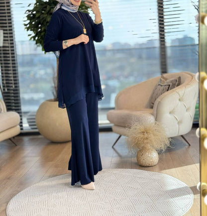 Lacivert Asimetrik Volan Sandy Kumaş Takım