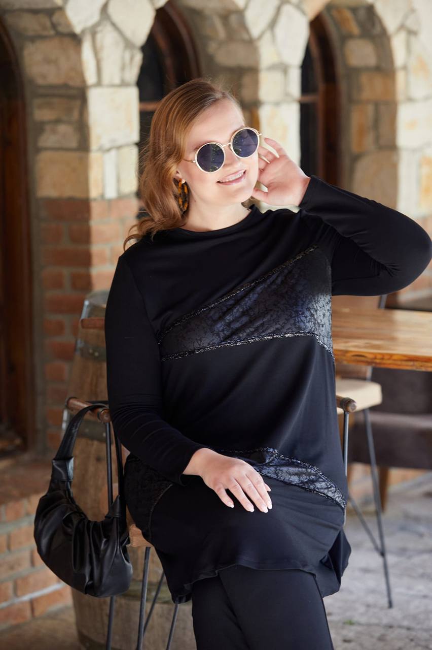 Büyük Beden Dantel ve Sim Şerit Detaylı Tunik