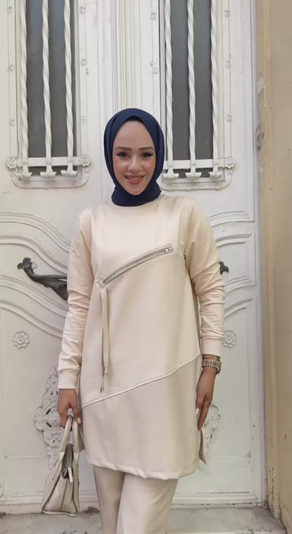 Bej Fermuar Detaylı Deri Garnili Tunik