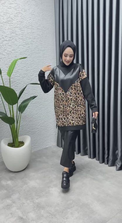 Deri Detaylı Leopar Sweatshirt