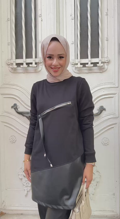 Siyah Fermuar Detaylı Deri Garnili Tunik